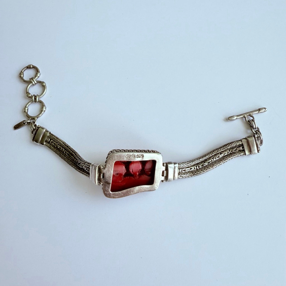 Sarda 30 CT Red Coral Bali 925 Sterling Silver 7.5mm Triple Chain Bracelet - Picture 6 of 12